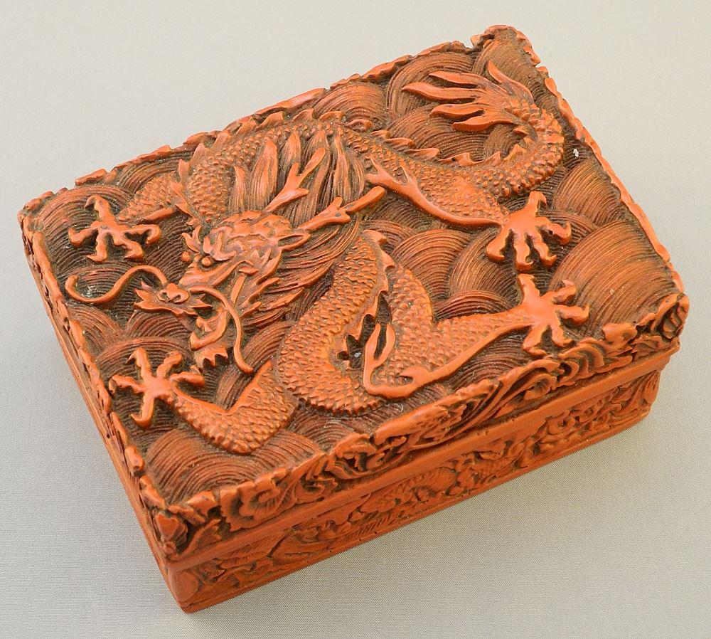 Cinnabar Lacquer Box "Dragons" Qianlong Mark, 4 1/8"W (1 of 4)