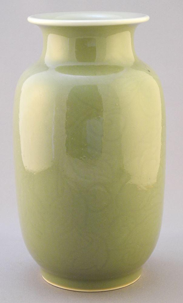Chinese Molded Celadon Porcelain Vase, marked Made in China, 8 5/8"h.: Chinese Molded Celadon Porcelain Vase, marked Made in China, 8 5/8"h.