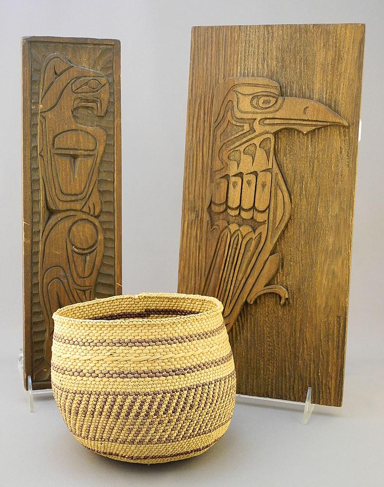 2 Northwest Coast Carved Cedar Plaques (1 signed indistinctly) / Grass Basket, 14 1/2"H (1 of 4)