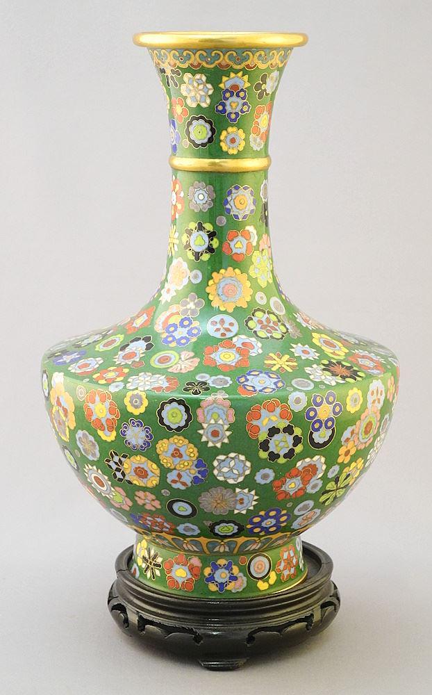 Chinese Floral Decorated Cloisonne Vase with Stand, 9 1/4"H. (1 of 5)