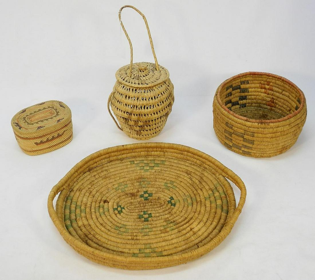 Nuu-Chah-Nulth Oval Basket (5 7/8"W) with 3 Grass Fibre Baskets. (1 of 7)