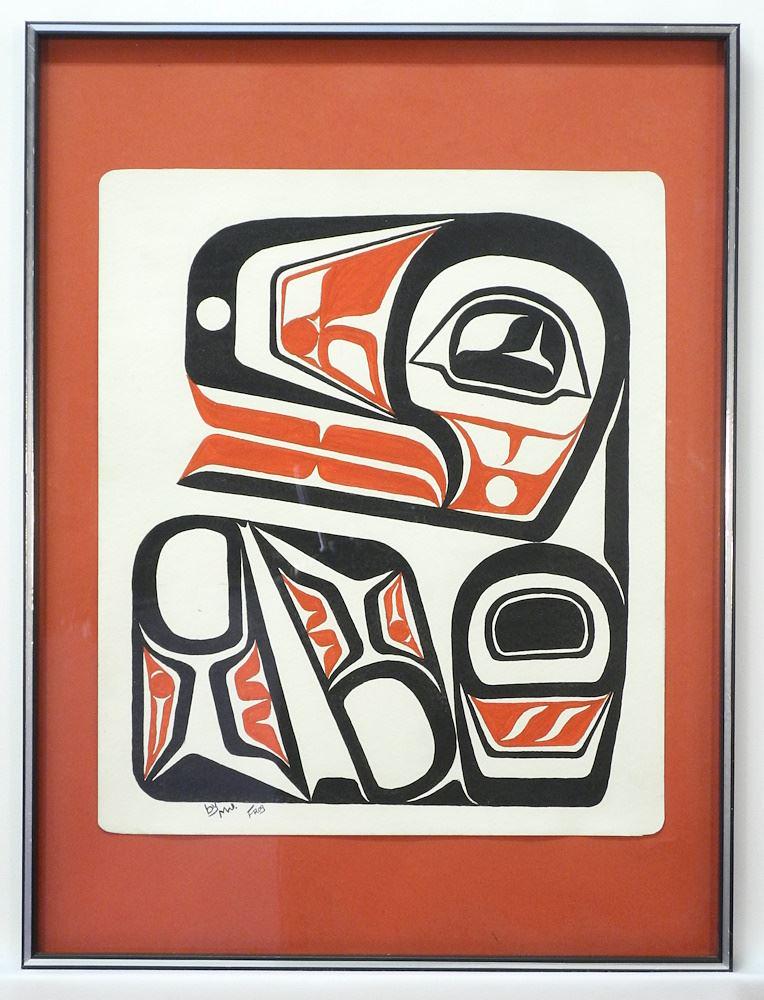 Northwest Coast Drawing with Watercolour, Monogrammed MU, 17 1/8" x 14 1/2", "Frog". (1 of 4)