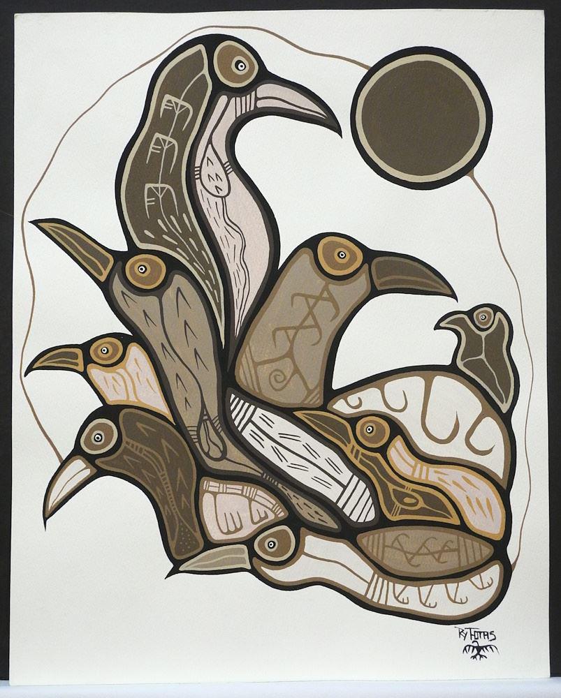 Anishinaabe Acrylic on Paper signed Roy Thomas,15 x 12""Untitiled Bird Family", Unframed. (1 of 3)