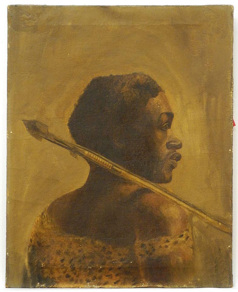 Unsigned Oil on Canvas, 20 x 16", "Zulu Man in profile with Spears".: Unsigned Oil on Canvas, 20 x 16", "Zulu Man in profile with Spears".