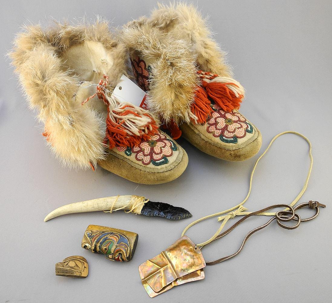 Pair of Beaded Moccasins / 2 Copper Pendants / Matilpi Brooch / Lighter Case / Obsidian Knife. (1 of 4)