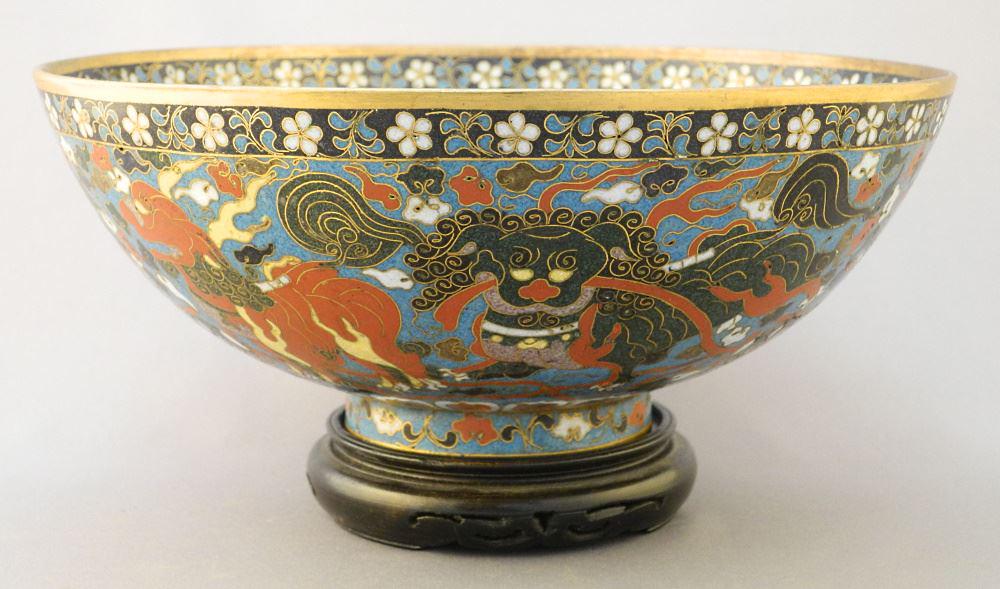 Chinese Cloisonne "Buddhist Lion Dog and Phoenix" Bowl, 3 3/4" x 9 1/8".: Chinese Cloisonne "Buddhist Lion Dog and Phoenix" Bowl, 3 3/4" x 9 1/8".