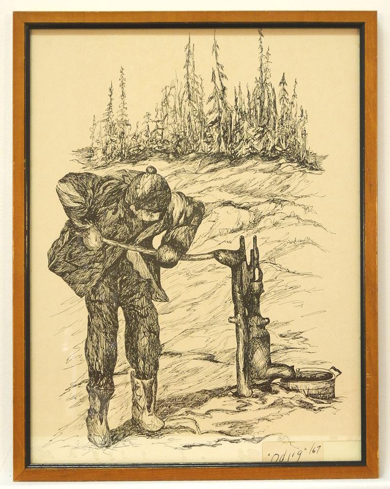 Print signed (Daphne) Odjig/67, 12 1/2" x 9 5/8", untitled, Pumping Water. (1 of 4)