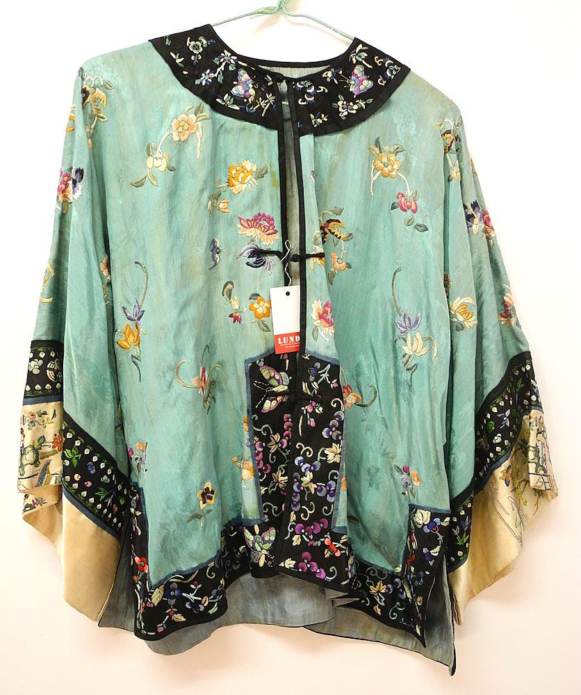 Chinese Silk Embroidery Garment, Small (staining noted).: Chinese Silk Embroidery Garment, Small (staining noted).