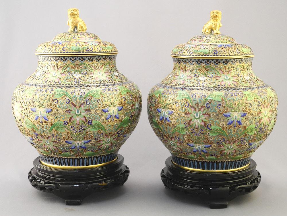 Pair of Chinese Covered Cloisonne Vases with Stands and Fitted Case, 8 5/8", No Export. (1 of 6)