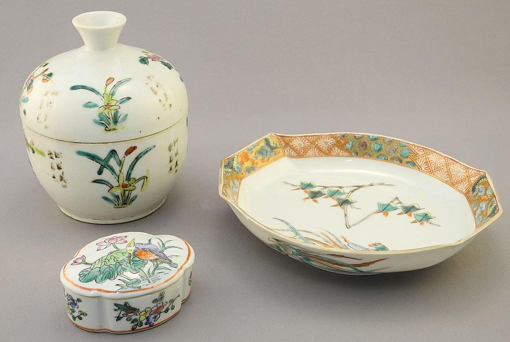 3 pcs of Asian Porcelain: Chinese Jar and Box with Japanese Dish. (1 of 5)