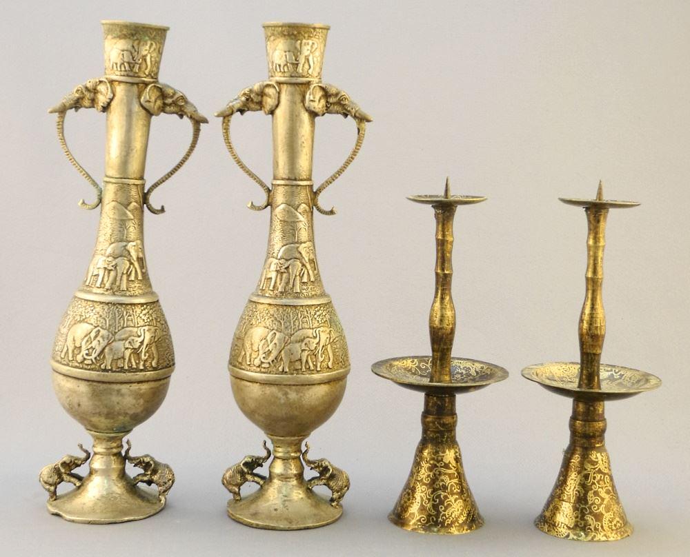 4 Piece of Metal Ware: 2 Vases & 2 Prickett Candlesticks, 9 1/2".: 4 Piece of Metal Ware: 2 Vases & 2 Prickett Candlesticks, 9 1/2".