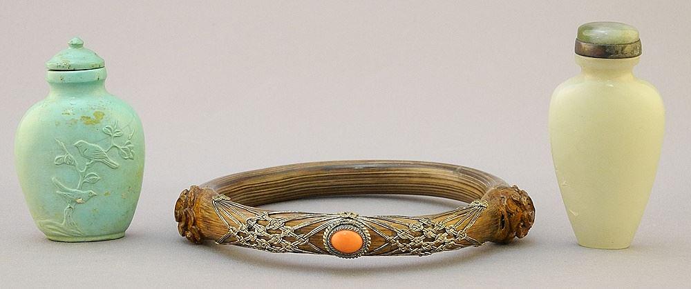 2 Snuff Bottles; Jade (2 3/8") & Turquoise (2 1/8"h) with Bamboo Bangle. (1 of 4)