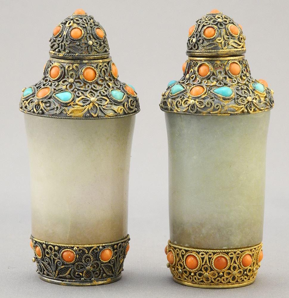 Pair of Chinese Turquoise & Coral Mounted Jade Snuff Bottles, 3 1/8"h. (1 of 4)