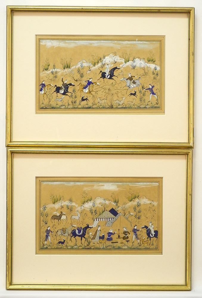 Pair of Mughal Ink and Opaque Water- colours: Hunt Scene and Encampment, 6" x 10".: Pair of Mughal Ink and Opaque Water- colours: Hunt Scene and Encampment, 6" x 10".