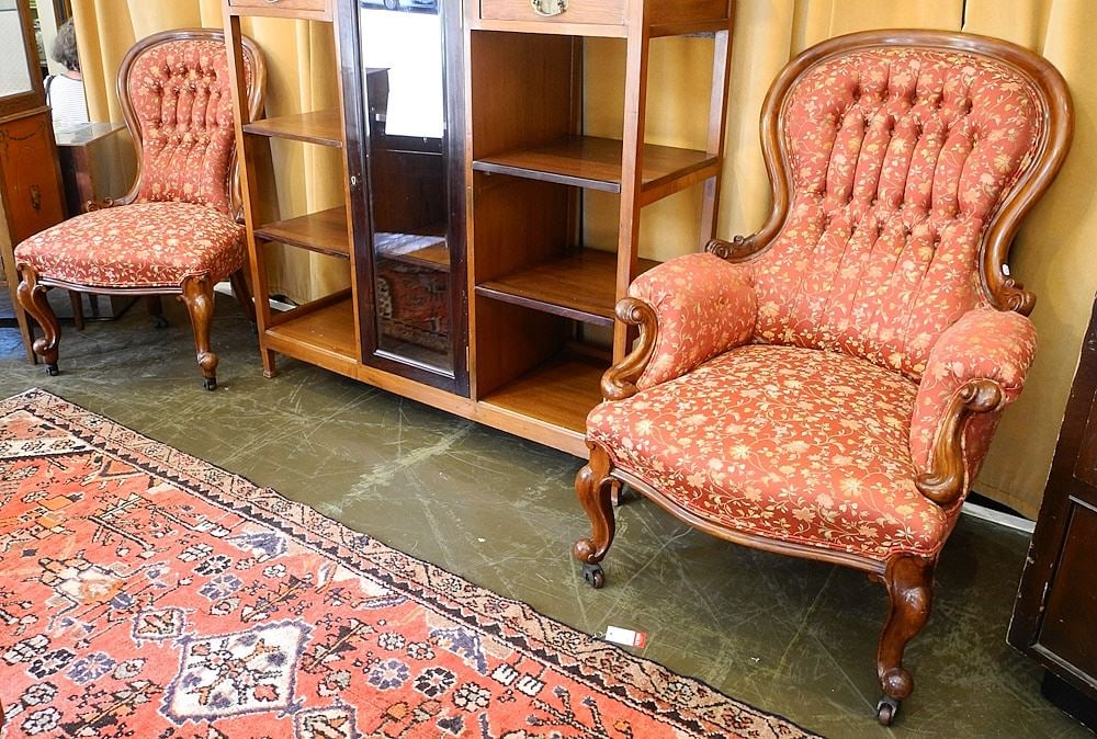 Pair of Vic. Mah. Fireside Chairs, 37 1/2 and 40 1/2"H.: Pair of Vic. Mah. Fireside Chairs, 37 1/2 and 40 1/2"H.