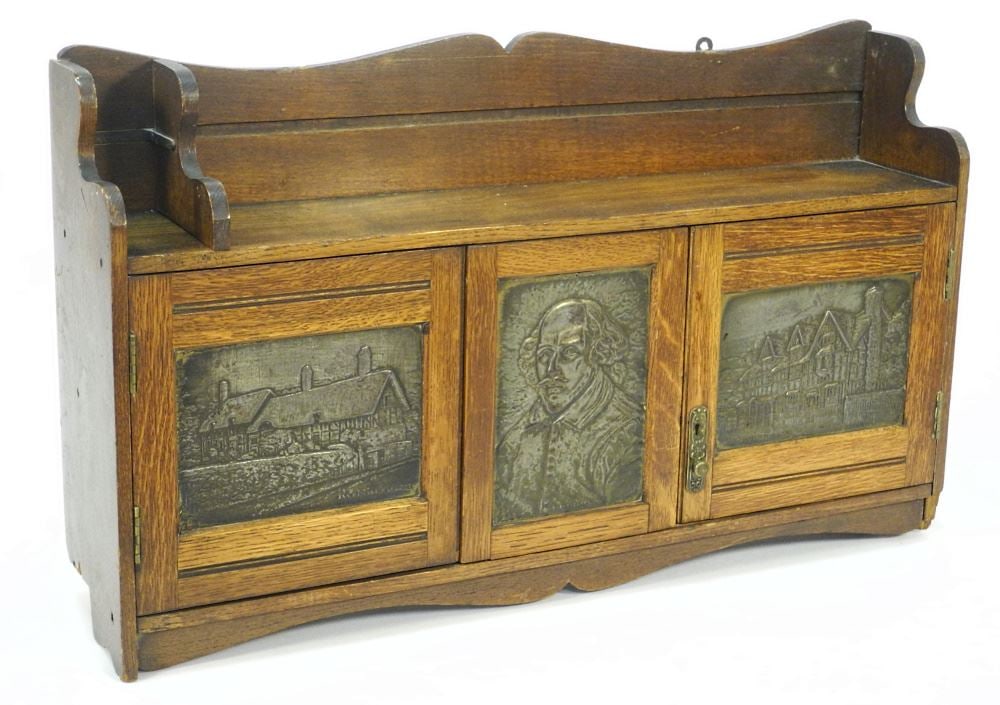 Oak Wall Cabinet with Shakespearian Motif Panels, as found, Losses Noted 15 1/3" X 26 3/8" X 5 1/2" (1 of 3)