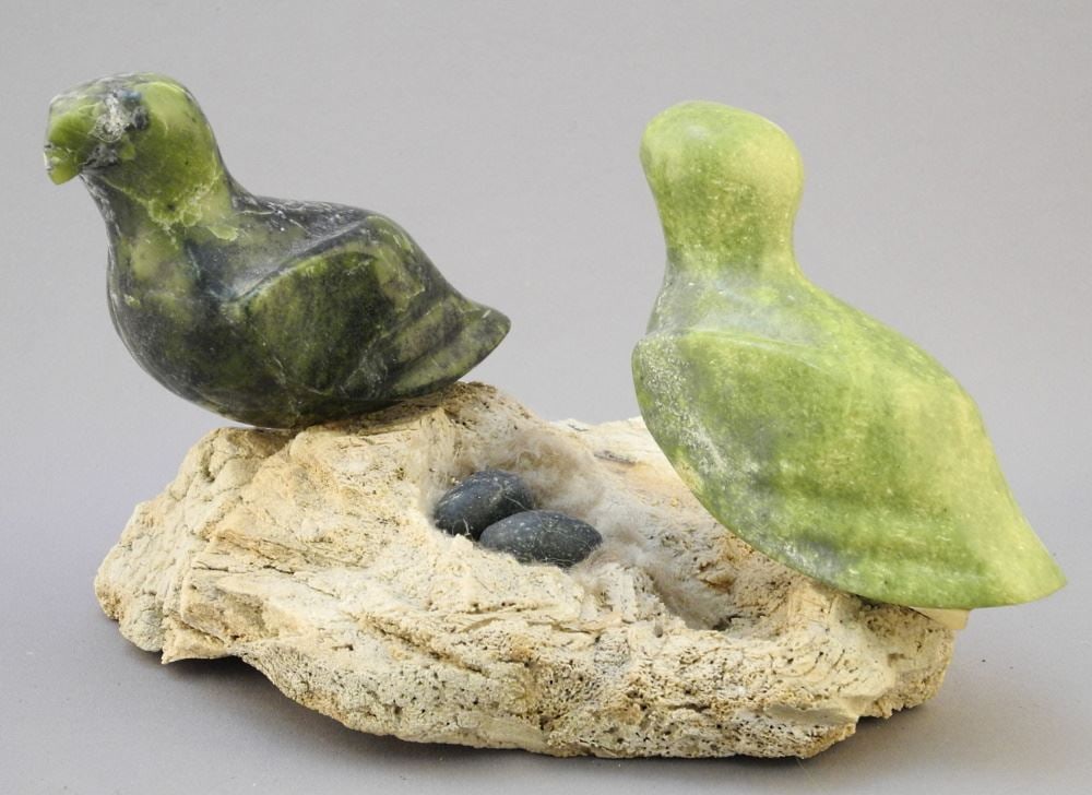 Inuit Whalebone & Stone "Nesting Birds" Sculpture - unsigned, 4 3/4" x 7" x 4 3/4". (1 of 4)