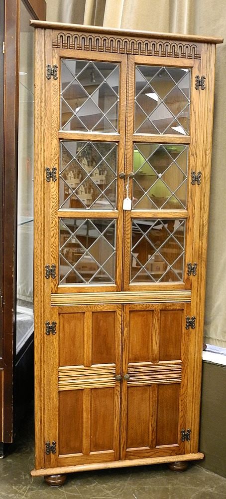 Oak Corner Cabinet with Leaded Glass Panels, 66 1/4"H.: Oak Corner Cabinet with Leaded Glass Panels, 66 1/4"H.