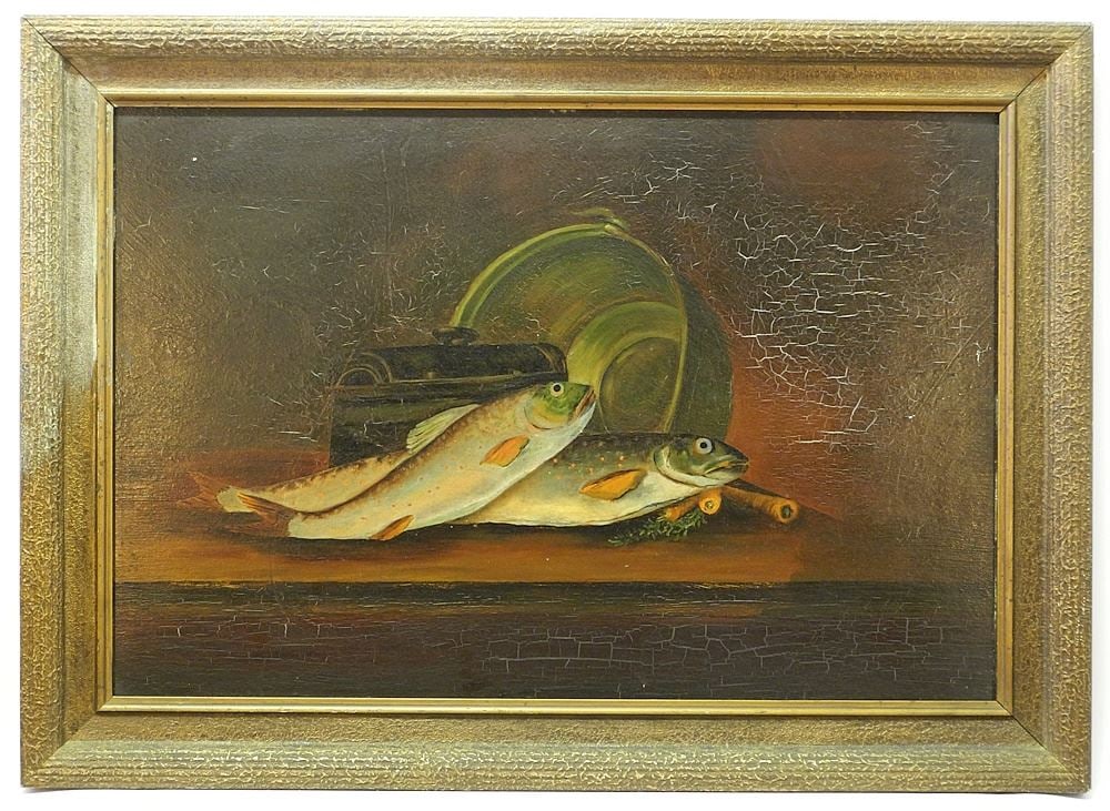 Unsigned Naive Oil on Board, 15" x 22 1/2", "Still Life with Trout".: Unsigned Naive Oil on Board, 15" x 22 1/2", "Still Life with Trout".