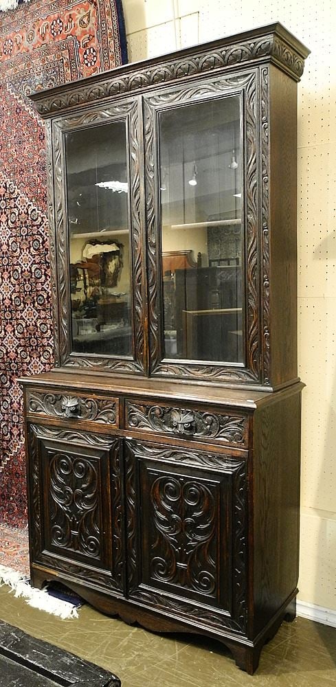19th Century Carved Oak Bookcase Cabinet, 6'9 1/2"H. (1 of 5)