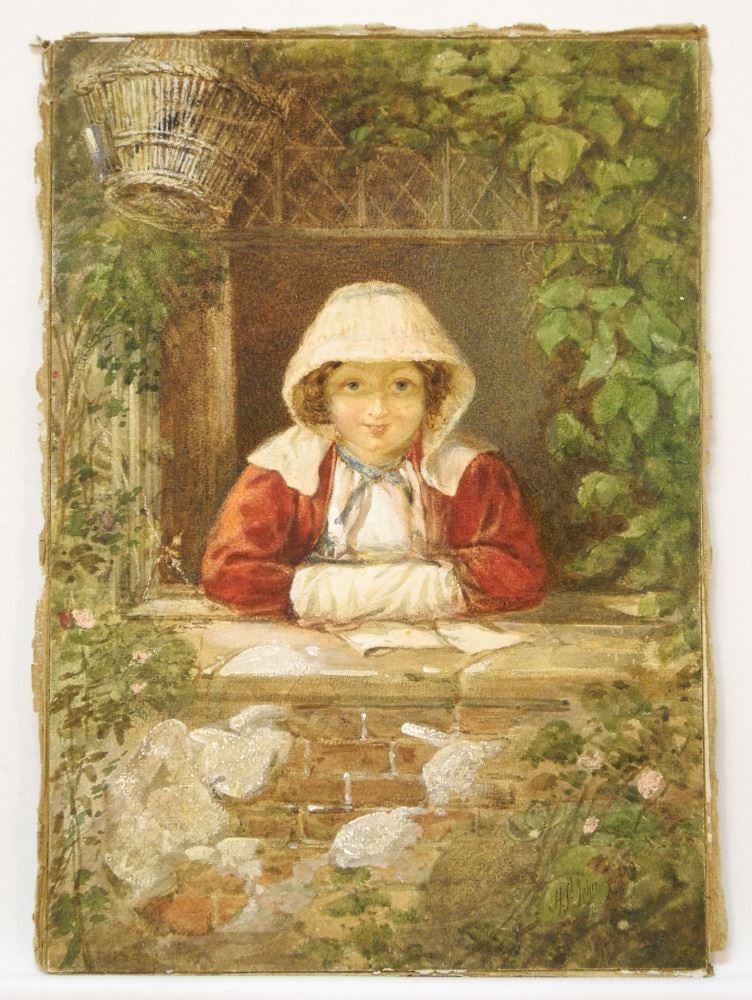 Water Colour H. St. John, 13" X 9", "Girl at Window". (1 of 4)