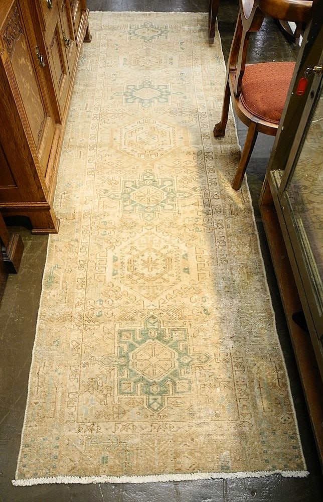 Gharajeh Runner, Approximately 10'3" x 3'1". (Badly Worn).: Gharajeh Runner, Approximately 10'3" x 3'1". (Badly Worn).