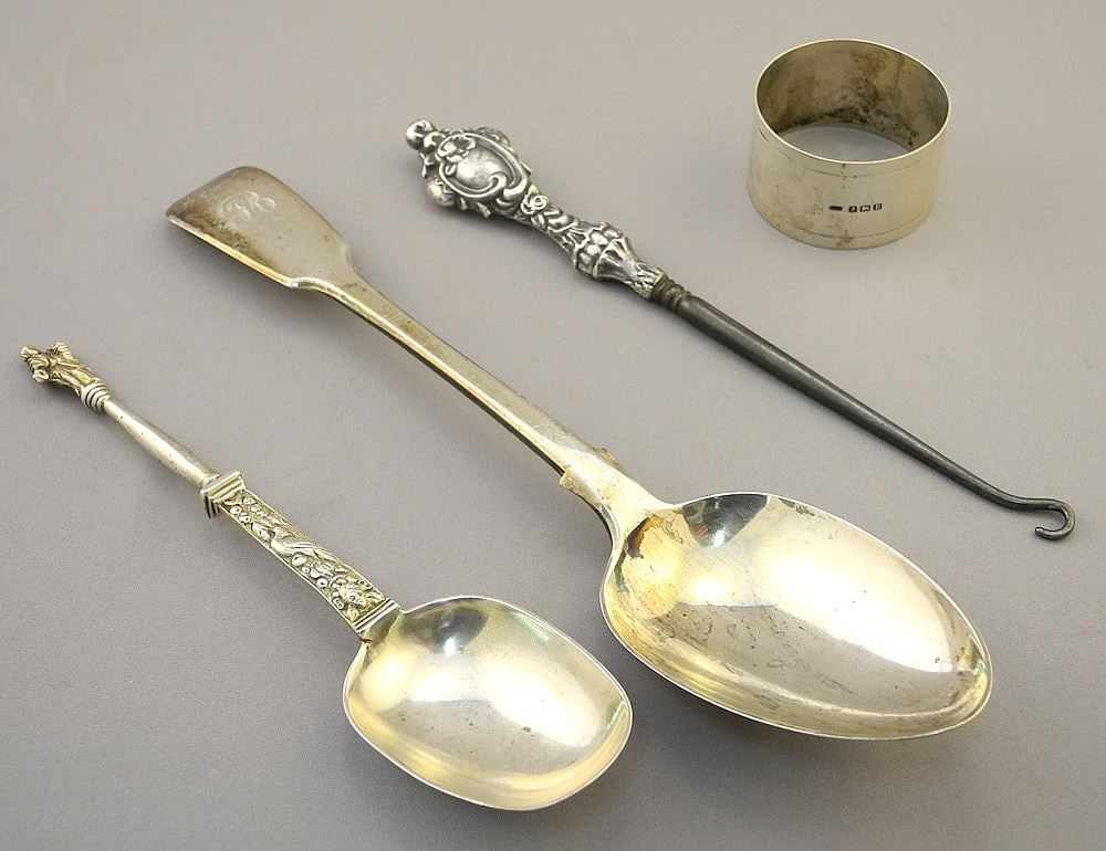 2 Hallmarked Silver Spoons with Napkin Ring and Hook, TW 160 grams. (1 of 6)