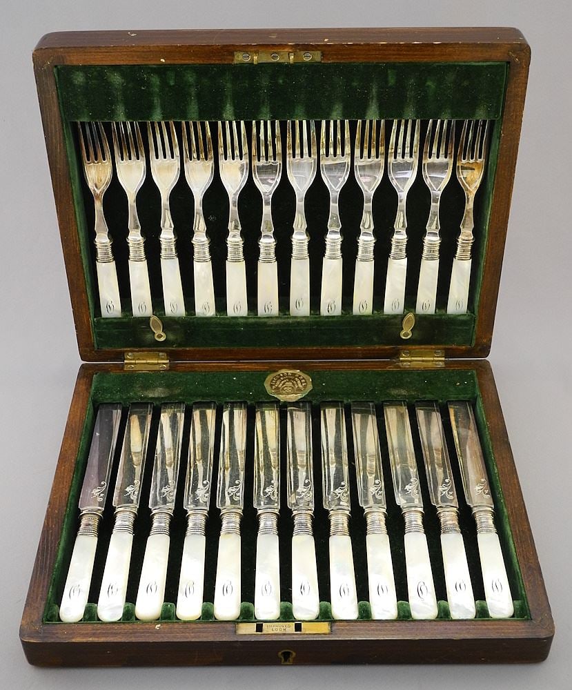 2 Cased Cutlery Services: Fish (13 7/8"W) and Fruit (11 1/2"W), (1 box chipped). (1 of 8)