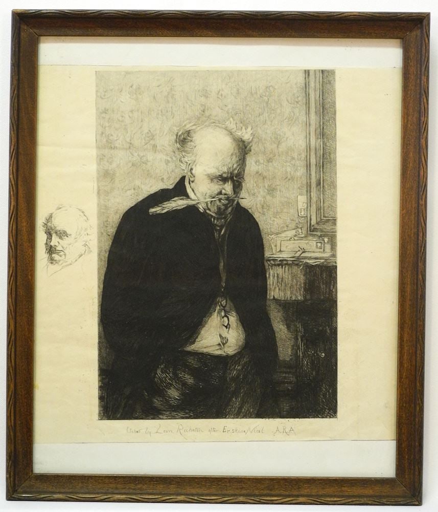 Etching after E.Nicol signed Leon Richelon with plate, plate 10 1/2" x 7 1/8", "Worried".: Etching after E.Nicol signed Leon Richelon with plate, plate 10 1/2" x 7 1/8", "Worried".