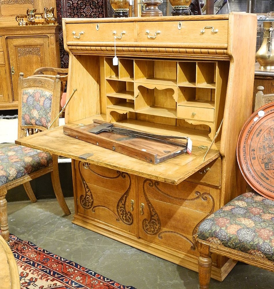 Carved Oak Full Front Bureau Cabinet 40 1/2"W. (1 of 6)