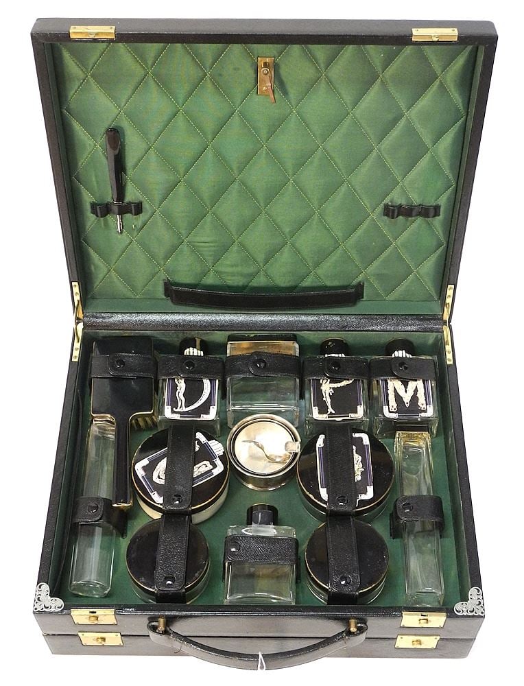 Art Deco Style Leather Cased Dressing Set. (1 of 7)