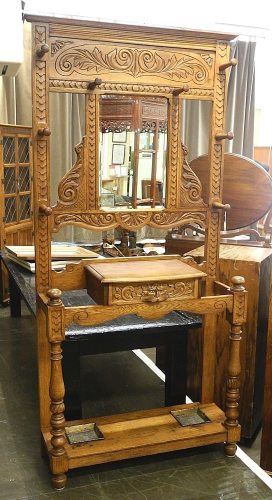 Oak Hall Stand with North Wind Motif Drawer, 77"H. (1 of 5)