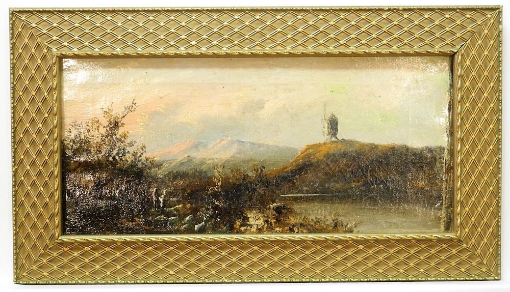 Oil on Canvas signed E.Benson, 7" x 15 1/4", untitled Landscape with Figures and Windmill. (1 of 4)