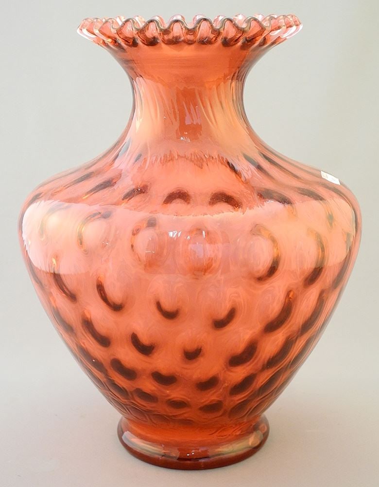Fenton Cranberry Glass Vase, Coin Dot, Crimped Top, 11"H. (1 of 3)