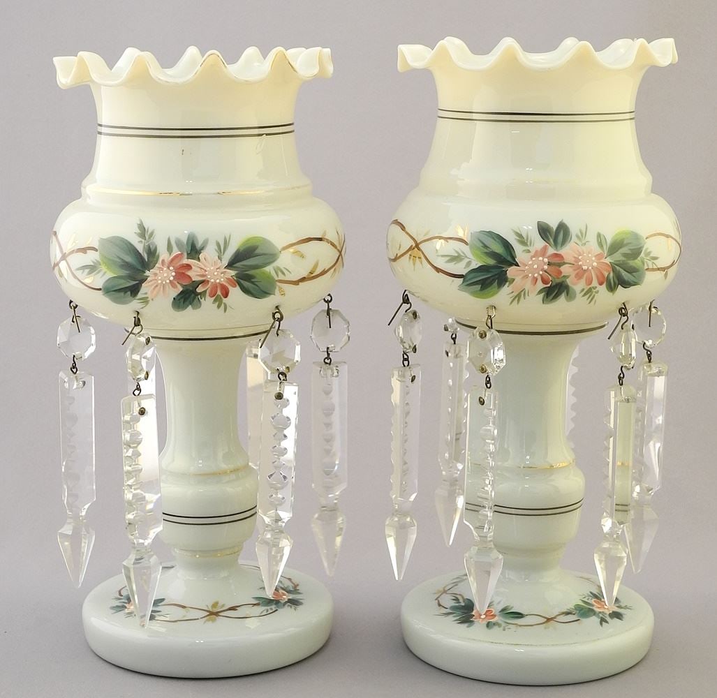Pair of Victorian Enameled Glass Lustres, 9 1/8"H.: Pair of Victorian Enameled Glass Lustres, 9 1/8"H.