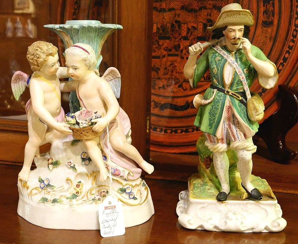 Meissen Porcelain Pedestal (9 1/4" High) & Bisque Gent, Resto./ Losses Noted: Meissen Porcelain Pedestal (9 1/4" High) & Bisque Gent, Resto./ Losses Noted