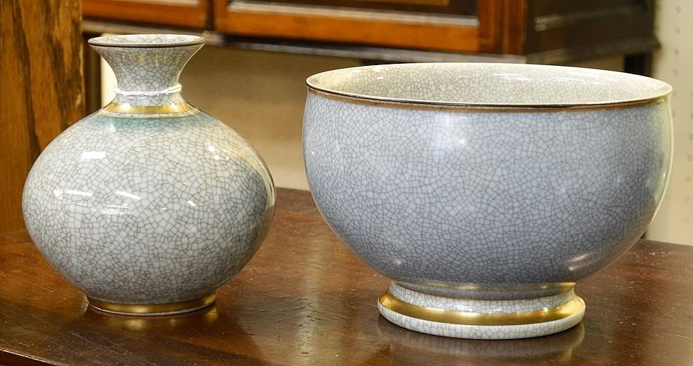 2 pcs of Royal Copenhagen Craquelure Porcelain: Vase (4"H) and Bowl (5 1/4" diam). (1 of 3)