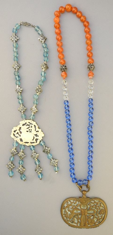 Two 19th Century Chinese Peking Glass & Carnelian Necklaces, 26" & 16", No Export. (1 of 6)
