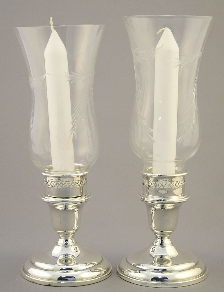 Pair of Birks Sterling Silver Hurricane Candlesticks, 9 1/2"H. (1 of 4)