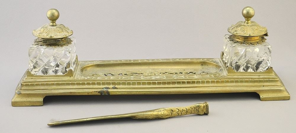 19th Century Brass Ink Stand, Base Impressed EP, 13 5/8" with Letter Opener. (1 of 10)