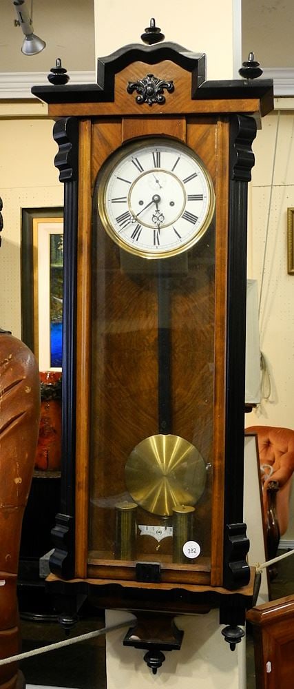 Pendulum Wall Clock in Ebonised and Mahogany Case, 45"H. (1 of 5)