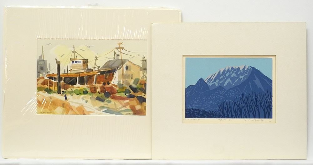 Woodcut signed S.Nozaki (6 x 8 1/4") with Watercolour signed J.M. Wispinski (6 3/4 x 9 1/2"): Woodcut signed S.Nozaki (6 x 8 1/4") with Watercolour signed J.M. Wispinski (6 3/4 x 9 1/2")