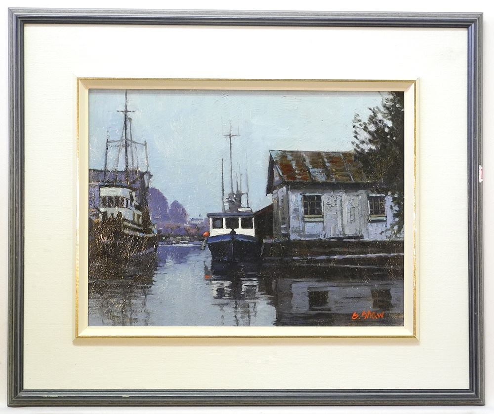 Oil on Board signed G.(Graeme) Shaw, 11 1/2" x 15 3/8", "Harbour at Dusk": Oil on Board signed G.(Graeme) Shaw, 11 1/2" x 15 3/8", "Harbour at Dusk"