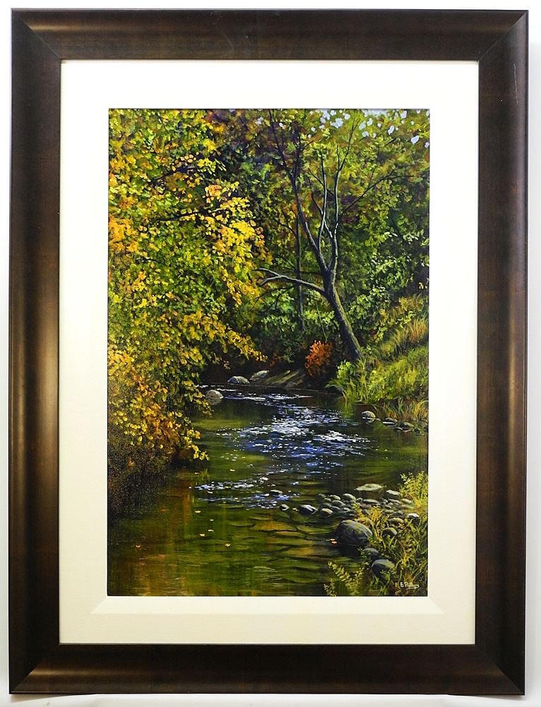 Acrylic on Canvas signed M.E. Phillips, 30" x 20", "Peace Like a River/By Water's Edge".: Acrylic on Canvas signed M.E. Phillips, 30" x 20", "Peace Like a River/By Water's Edge".