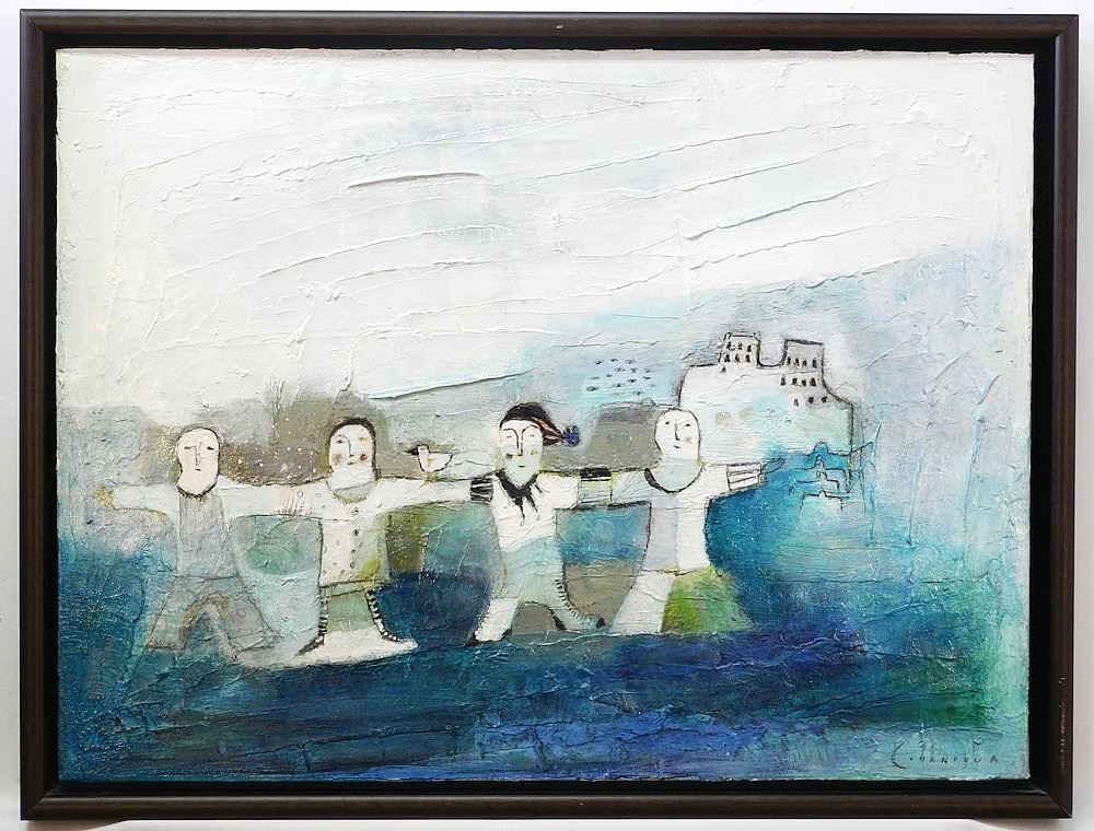 Oil on Canvas signed (Marie Eve) Cournoyer, 18" x 24", "A Get Together".: Oil on Canvas signed (Marie Eve) Cournoyer, 18" x 24", "A Get Together".