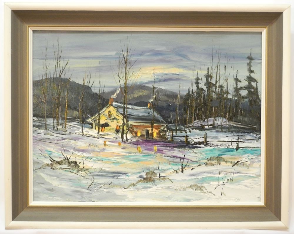 Oil on Board signed Lyon (Harold), 18" x 24", "Cabin in Winter".: Oil on Board signed Lyon (Harold), 18" x 24", "Cabin in Winter".