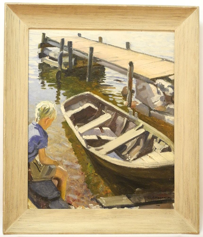 Oil Board Signed Gust. Magnusson 1950, 23 1/2" X 19 1/4" "Boy with Boat" (1 of 5)