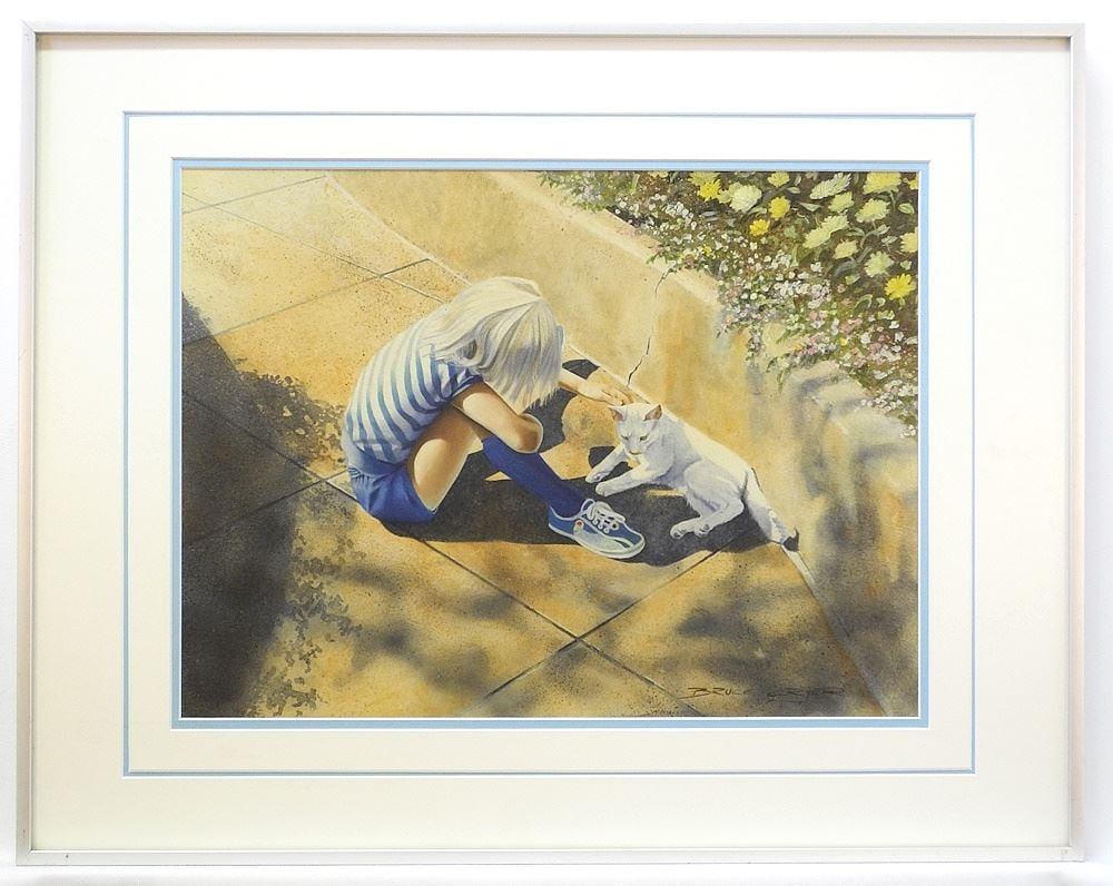 Watercolour signed Bruce Cryer, 11 3/8" x 15 1/4", "Girl with a Cat" (1 of 4)