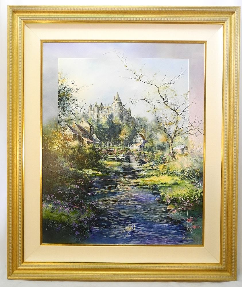 Acrylic on Canvas signed J.Donnay, 40" x 32", "Pont sur la Riviere sous le Chateau". (1 of 5)