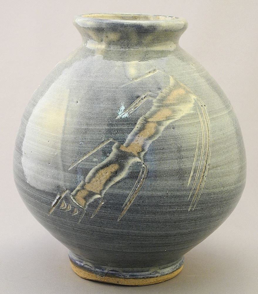 Blue Stoneware Vase signed with Impressed Mark by Wayne Ngan, 8 1/8" H. (1 of 7)